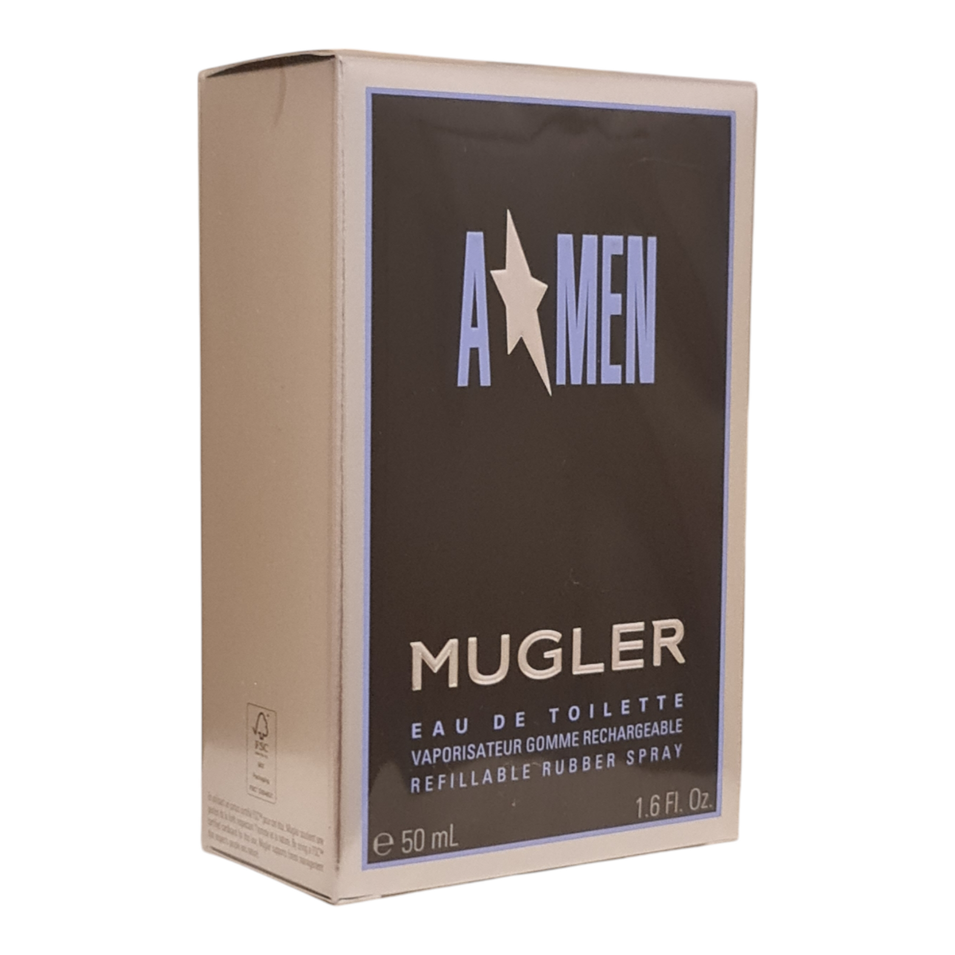 Mugler A*Men Refillable Rubber Bottle Eau de Toilette 50ml. Front angled photo of the perfume box.