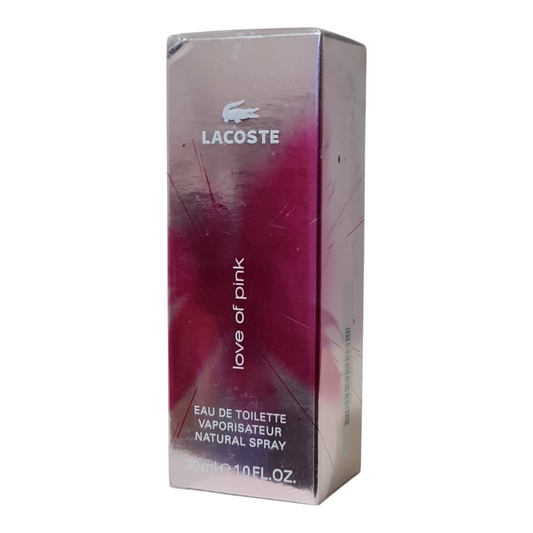 Lacoste Love of Pink Eau de Toilette 30ml. Front angled photo of perfume box.