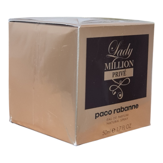 Paco Rabanne Lady Million Prive Eau de Parfum 50ml. Front angled photo of perfume box.