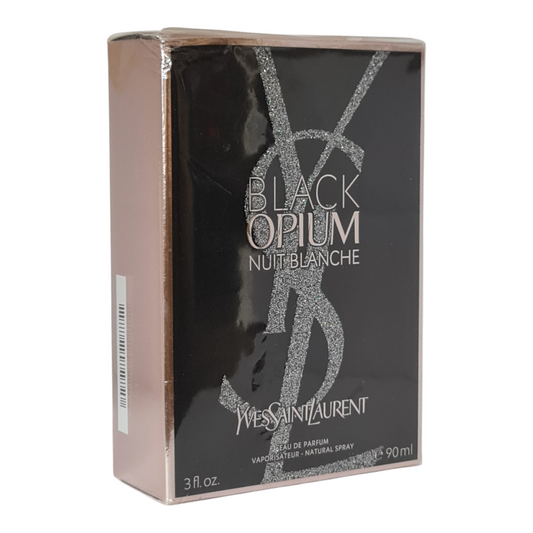 Yves Saint Laurent Black Opium Nuit Blanche 90ml. Front angled photo of perfume box.