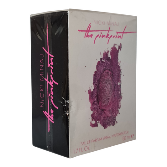 The Pinkprint by Nicki Minaj Eau de Parfum 50ml. Sealed & Imperfect Box. Front angled photo of perfume box.