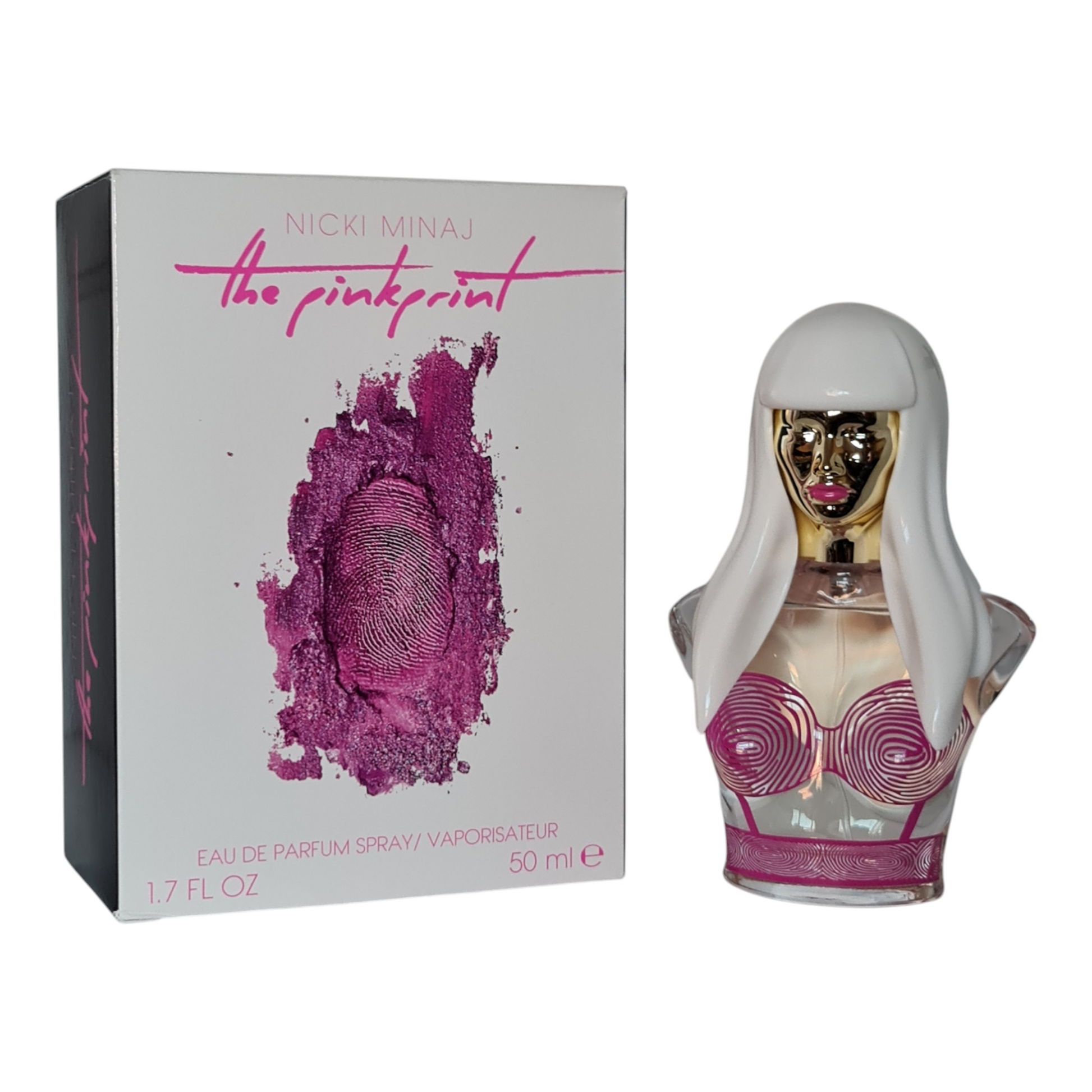 The Pinkprint by Nicki Minaj Eau de Parfum 50ml. Unsealed & Imperfect Box. Perfume box and bottle side by side photo.