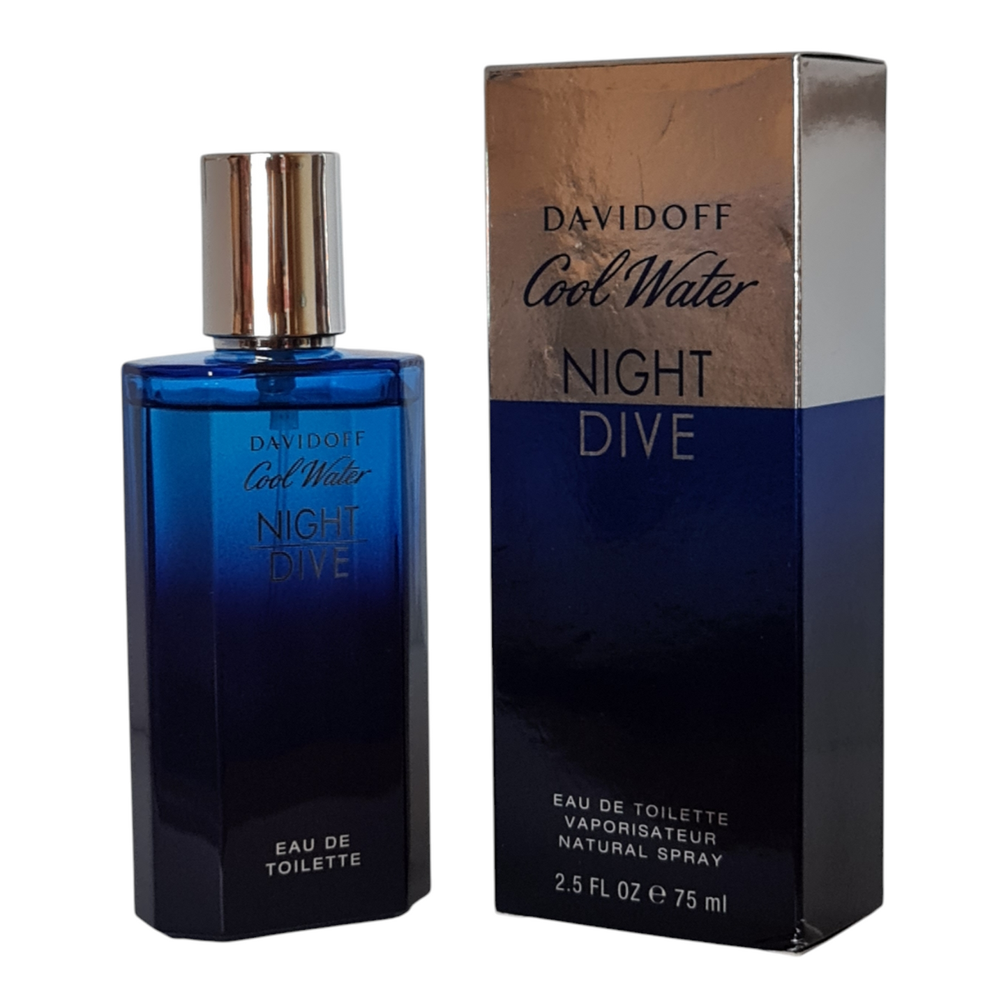 Davidoff Cool Water Night Dive Eau de Toilette 75ml. Unsealed. Perfume bottle and box side by side.