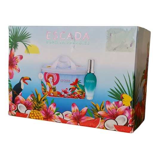 Escada Born in Paradise Eau de Toilette 30ml Spray & 1 Cooler Pouch. See description. Front angled photo of perfume box.