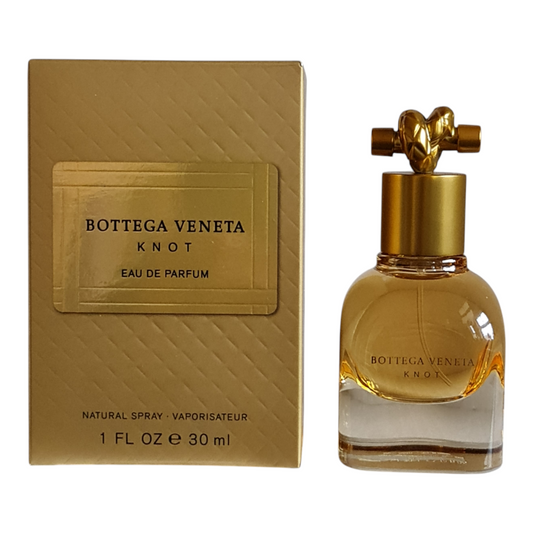 Bottega Veneta Knot Eau de Parfum 30ml. Unsealed Box. Photo of perfume box and bottle side by side.