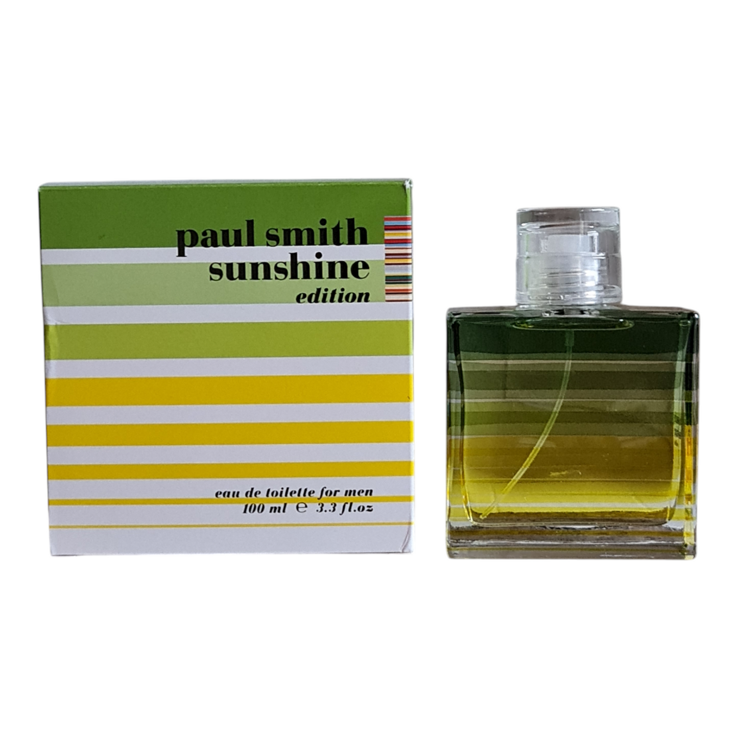 Paul Smith Sunshine Edition For Men 2013 Eau de Toilette 100ml. Unsealed & Imperfect Box. Photo of perfume box and bottle side by side.