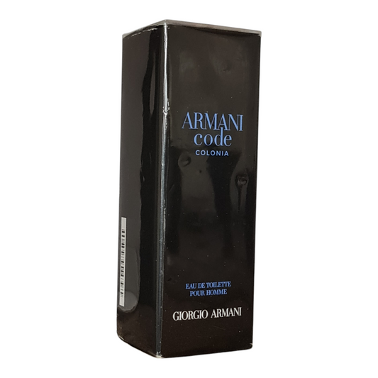 Giorgio Armani Code Colonia Eau de Toilette 75ml. Imperfect Box. Front angled photo of perfume box.