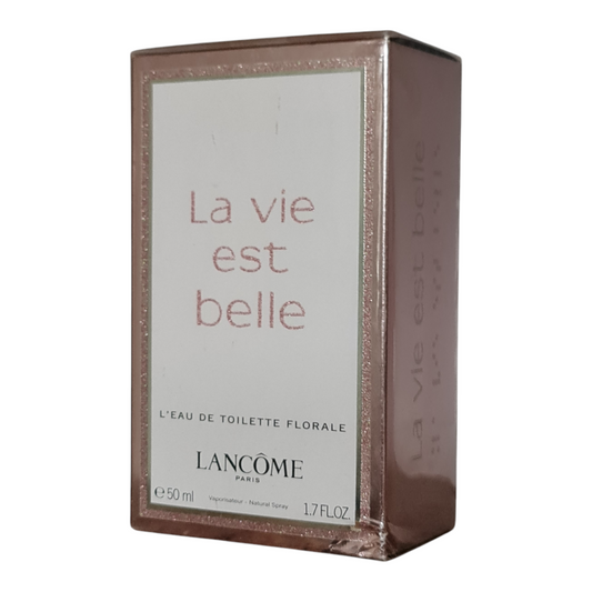 Lancome La Vie Est Belle L'eau De Toilette Florale 50ml. Sealed but imperfect box. Front angled photo of perfume box.