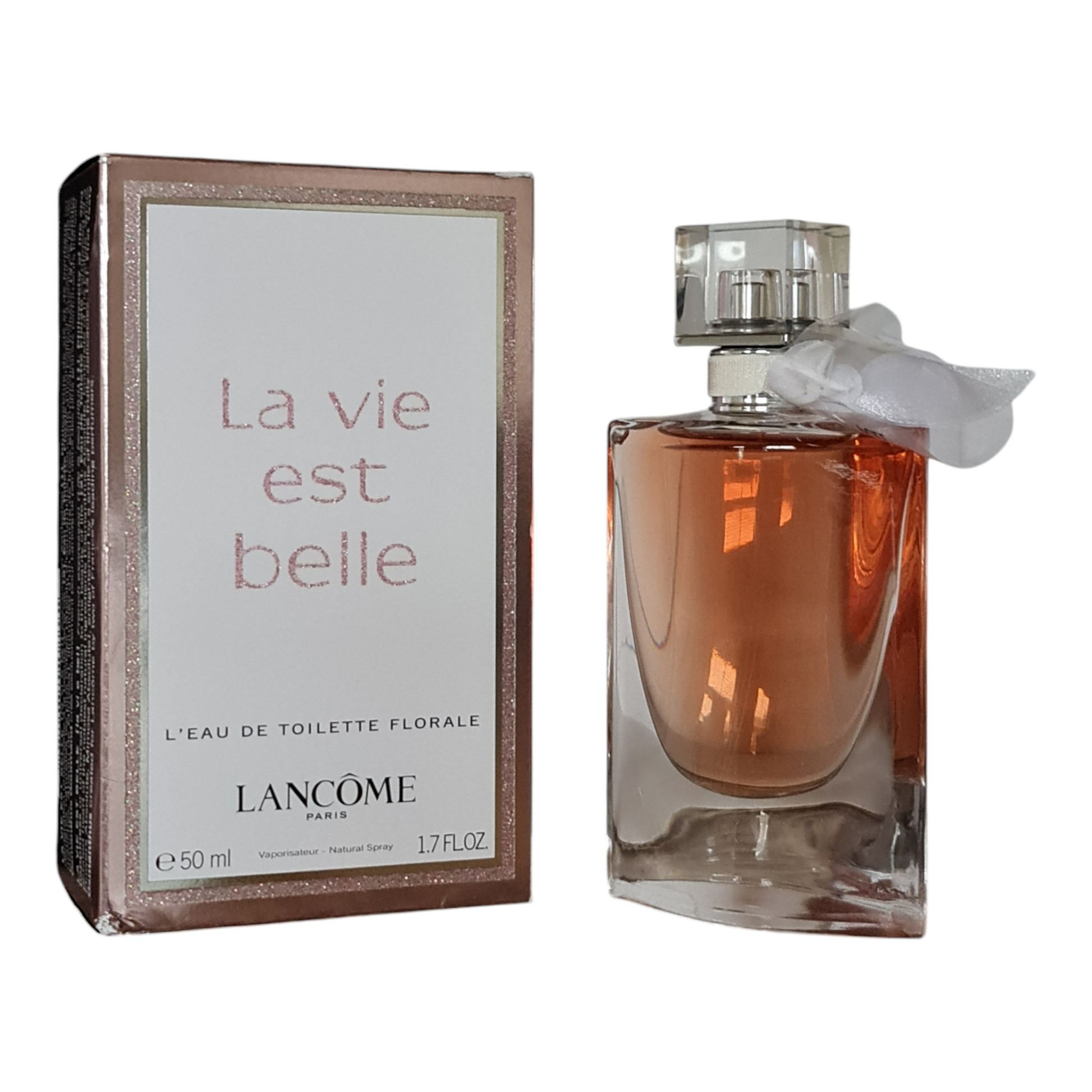 Lancome La Vie Est Belle L'eau De Toilette Florale 50ml. Unsealed & Imperfect Box. Perfume box and bottle side by side.