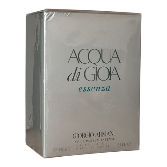 Giorgio Armani Acqua Di Gioa Essenza Eau de Parfum Intense 100ml. Sealed but imperfect box. Front angled photo of perfume box.