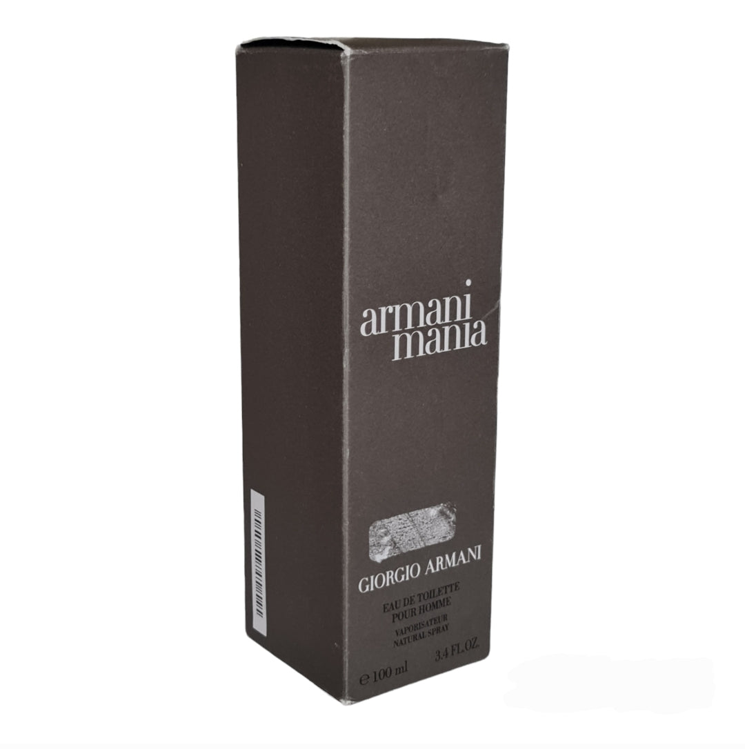 Giorgio Armani Mania Eau de Toilette Pour 100ml. Unsealed box. Perfume and fragrance. Angled Image.