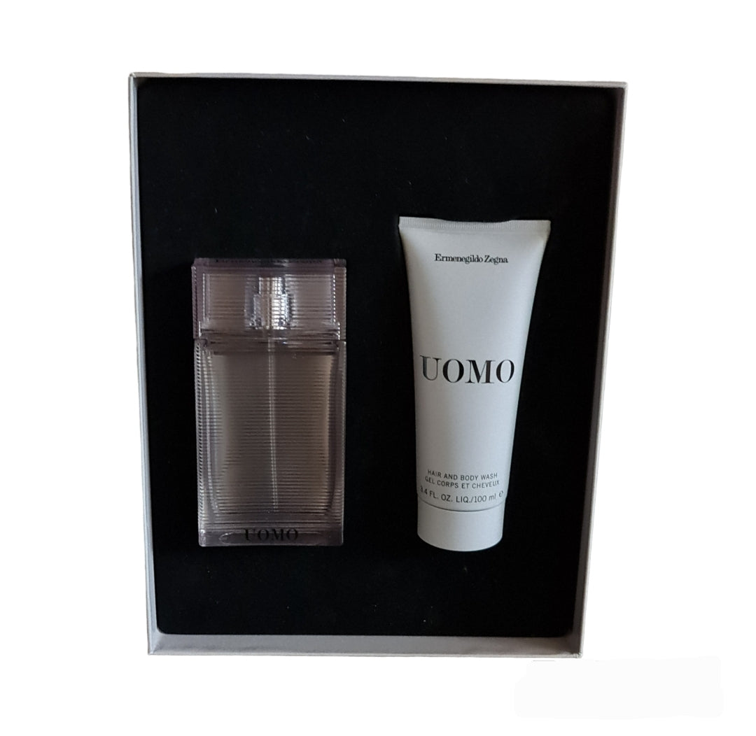 Ermenegildo Zegna Uomo Gift Set EDT 50ml + 100ml Hair & Body Wash. Perfume and fragrance. Front Image.