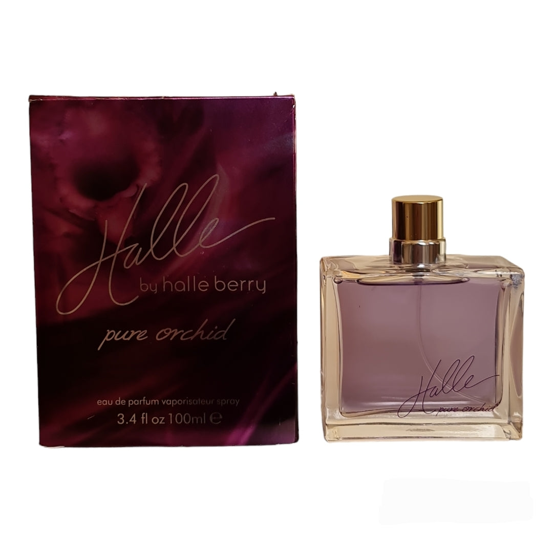 Halle Berry Pure Orchid Eau de Parfum 100ml. Front photo box and bottle, fragrance, perfume, cologne and scent.