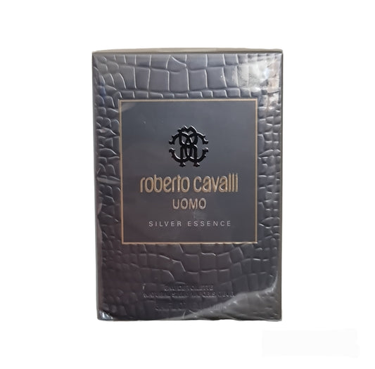 Roberto Cavalli Uomo Silver Essence Eau de Toilette 100ml. Front photo, perfume, fragrance, scent and cologne.