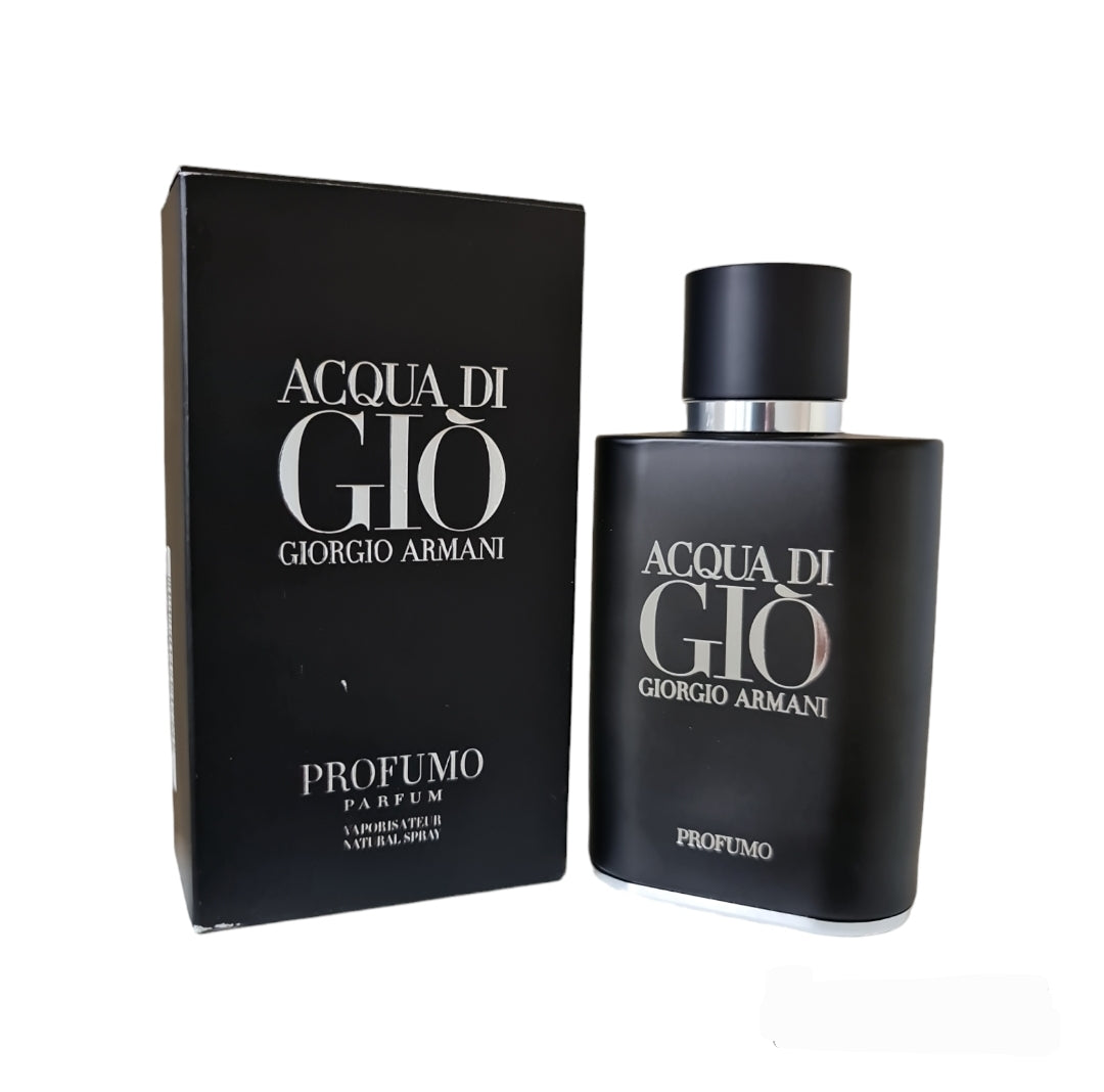 Giorgio Armani Acqua di Gio Profumo 75ml (magnetic cap). Front photo of bottle and box. Perfume, fragrance, scent and cologne.