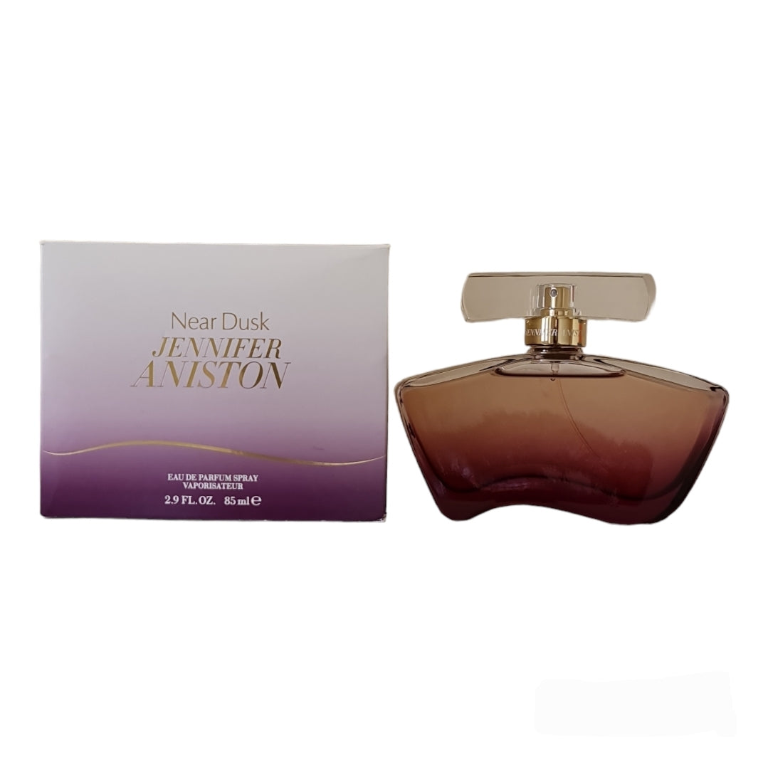 Jennifer Aniston Near Dusk Eau de Parfum 85ml. Front photo of bottle and box. Perfume, fragrance, cologne and scent.