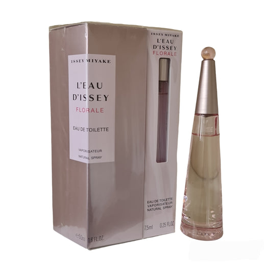 Issey Miyake L'eau D'Issey Florale Eau de Toilette 50ml plus 7.5ml purse spray. Front photo showing box and fragrance.