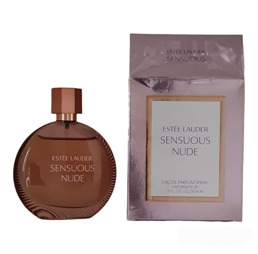 Estee Lauder Sensuous Nude Eau De Parfum 50ml. Front photo of box and bottle, perfume, scent, cologne and fragrance.