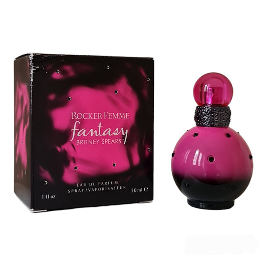 Britney Spears Rocker Femme Eau de Parfum 30ml. Front photo box and bottle. Fragrance, perfume, scent and cologne.