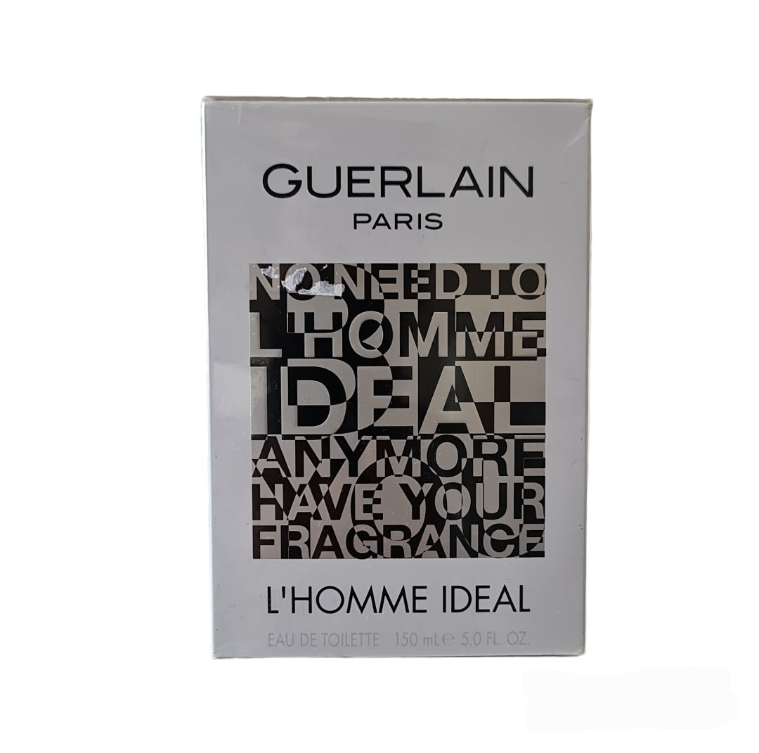 Guerlain L’Homme Ideal Eau De Toilette 150ml. Front photo of box, perfume, cologne, fragrance and scent.