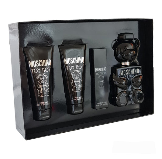 Moschino Toy Boy 100ml Eau De Parfum 4 piece gift set. Front angled photo of box internal, fragrance, perfume, scent and cologne.