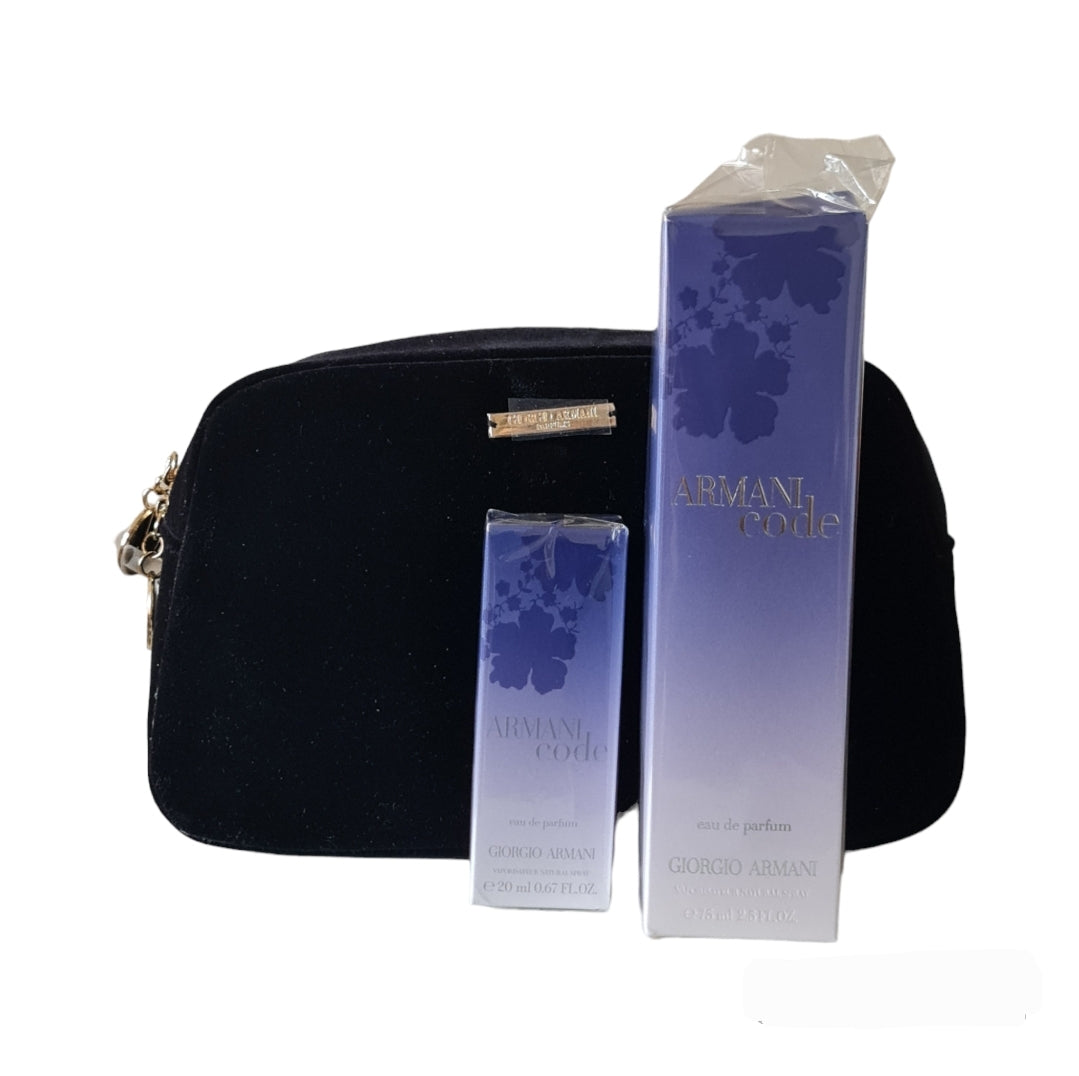 Giorgio Armani Code Pour Femme Eau De Parfum 75ml Gift Set. See description. Photo of pouch, travel and big bottle, fragrance, scent, Cologne and perfume.