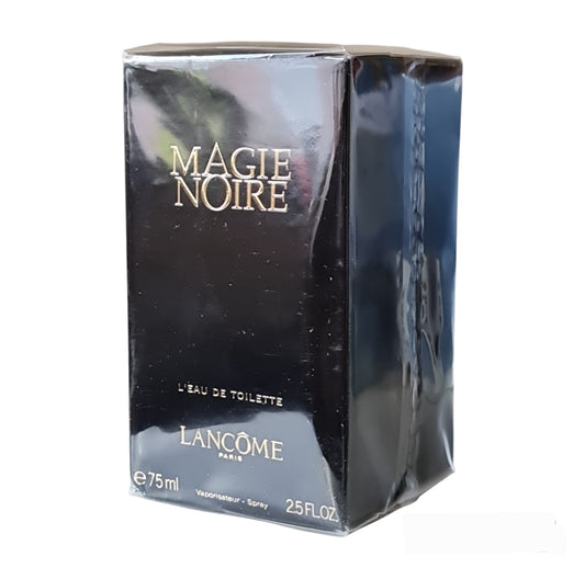 Lancome Magie Noire Eau De Toilette 75ml. Front angled photo, perfume, cologne, scent and fragrance.