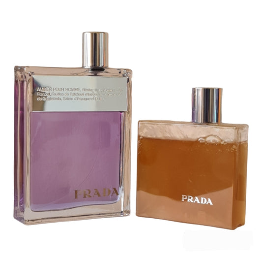 Prada Amber Pour Homme Eau De Toilette 100ml & Shower Gel 100ml. Front angled bottles, perfume, scent, cologne and fragrance.