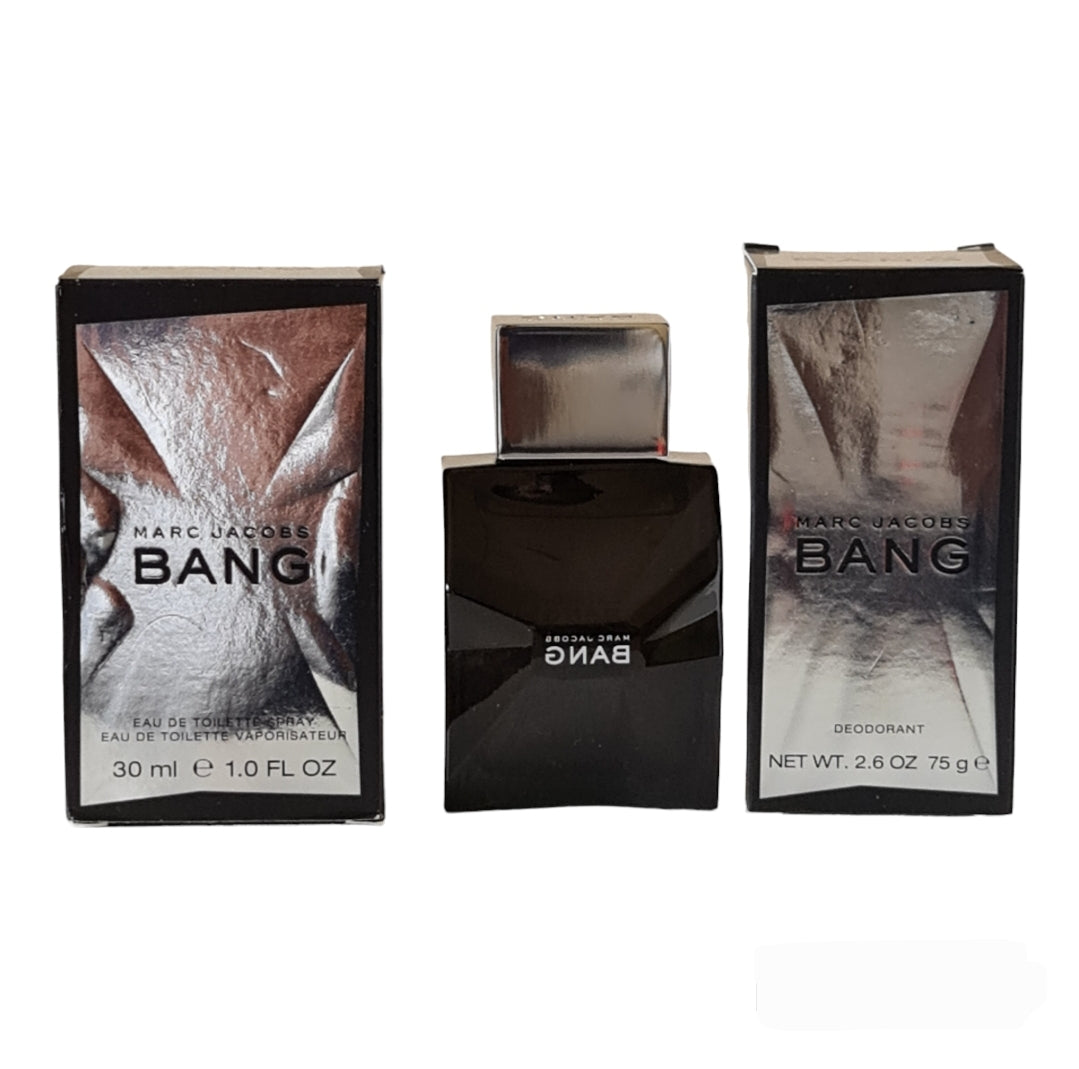 Marc Jacobs Bang Eau De Toilette 30ml spray & Deodorant Stick 75g. Front photo showing boxes and fragrance bottle, scent, cologne, perfume and fragrance.