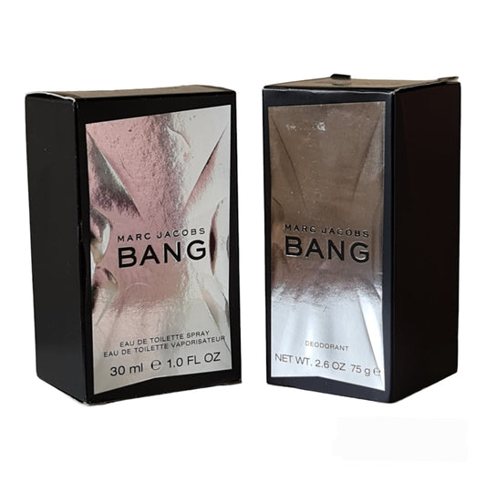 Marc Jacobs Bang Eau De Toilette 30ml spray & Deodorant Stick 75g. Front angled photo showing boxes, scent, cologne, perfume and fragrance.