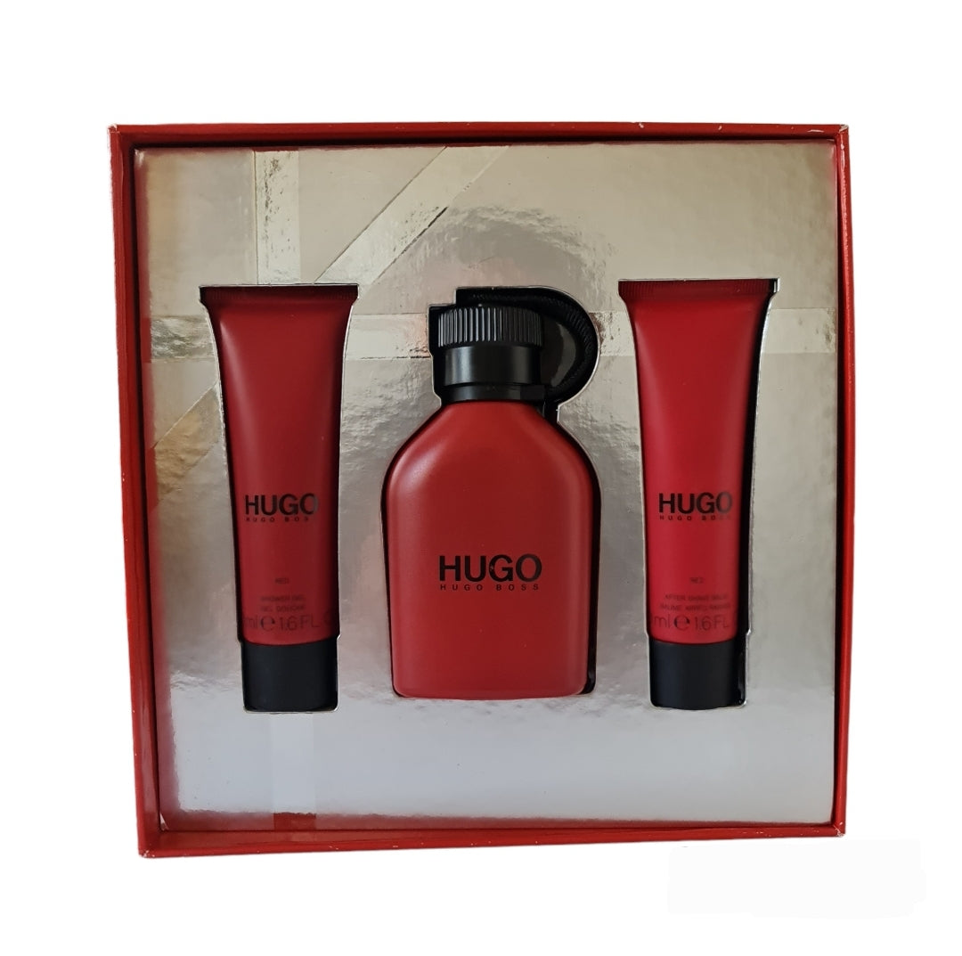 Hugo Boss Red Eau de Toilette 75ml gift set. Photo showing fragrance and tubes. Perfume, fragrance, cologne and scent.