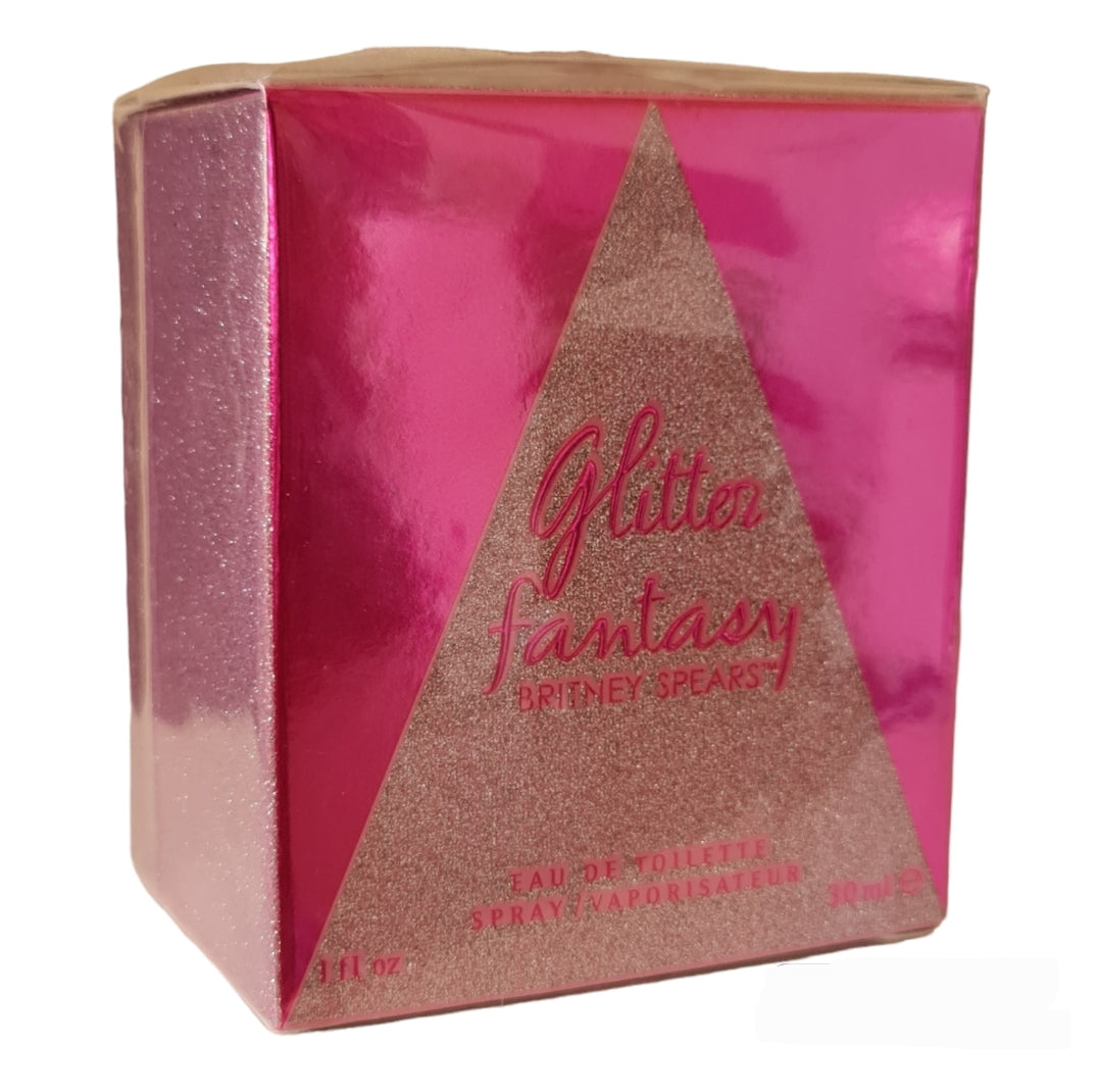 Britney Spears Glitter Fantasy Eau De Toilette 30ml. Angled photo showing box, perfume, cologne, scent and perfume.