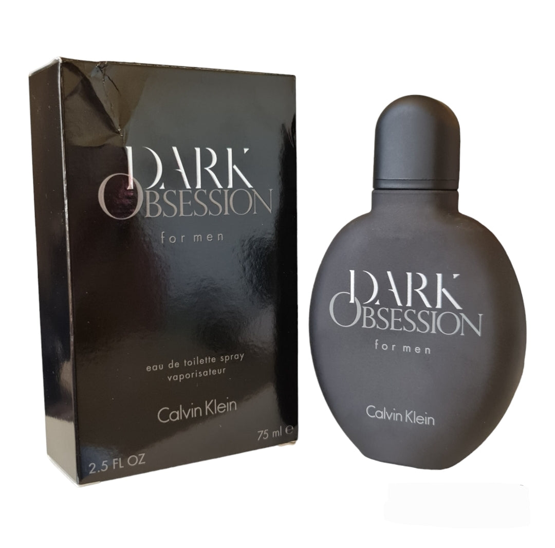 Calvin Klein Dark Obsession For Men Eau de Toilette 75ml. Front photo showing box and bottle, fragrance, scent, perfume and cologne.