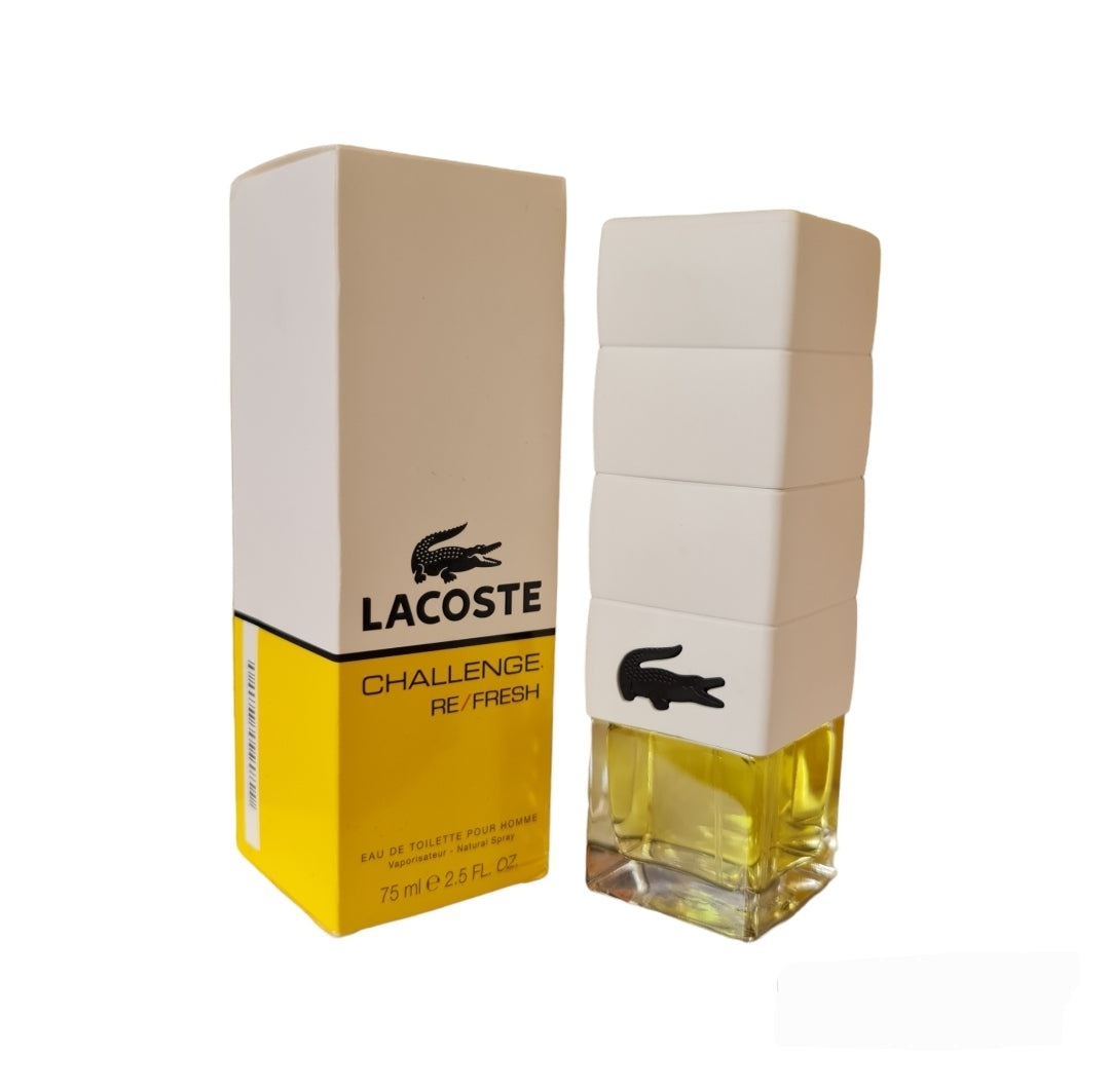 Lacoste Challenge Refresh Eau De Toilette 75ml.  Front photo showing bottle and box, perfume, scent, fragrance and cologne.