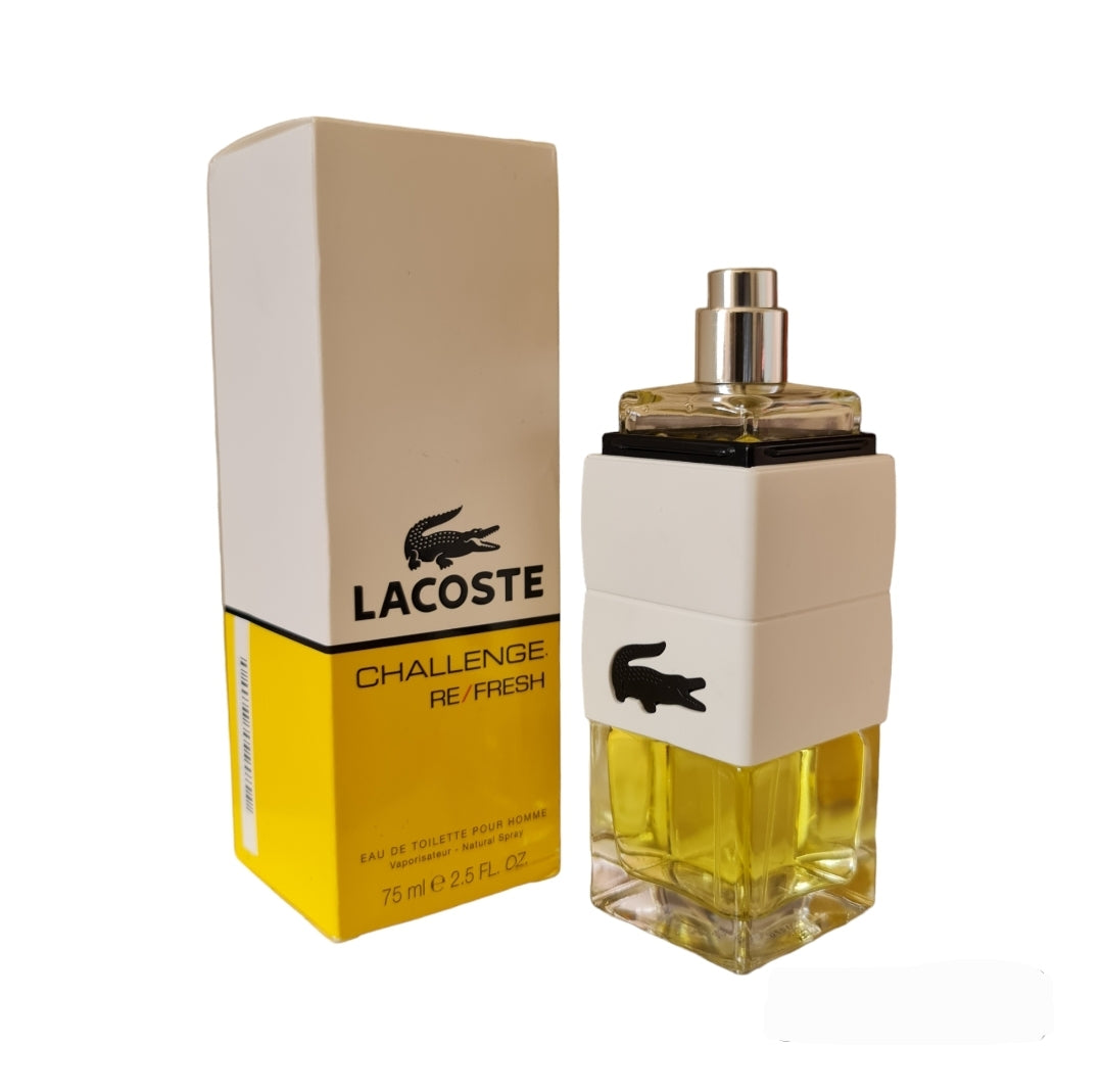 Lacoste Challenge Refresh Eau De Toilette 75ml.  Front photo showing bottle with cap and box, perfume, scent, fragrance and cologne.