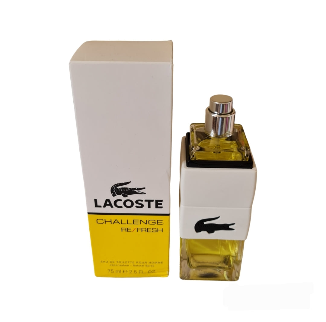 Lacoste Challenge Refresh Eau De Toilette 75ml.  Front photo slightly birds eye view showing bottle and box, perfume, scent, fragrance and cologne.