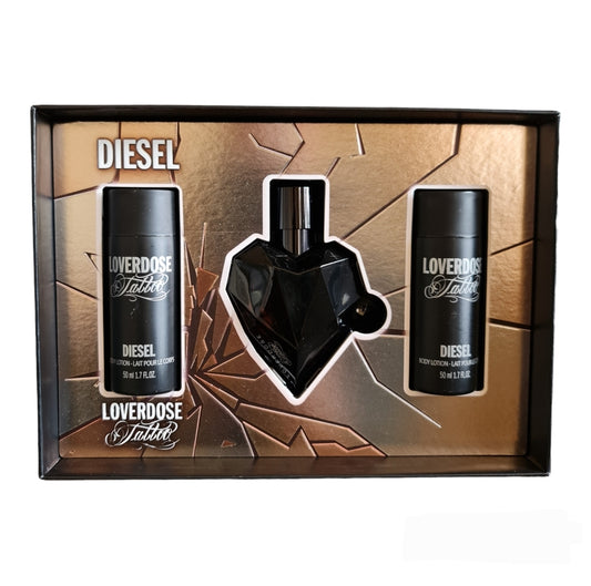 Diesel Loverdose Tattoo Eau De Parfum 30ml Gift Set. Box with items, fragrance, scent, cologne and perfume.