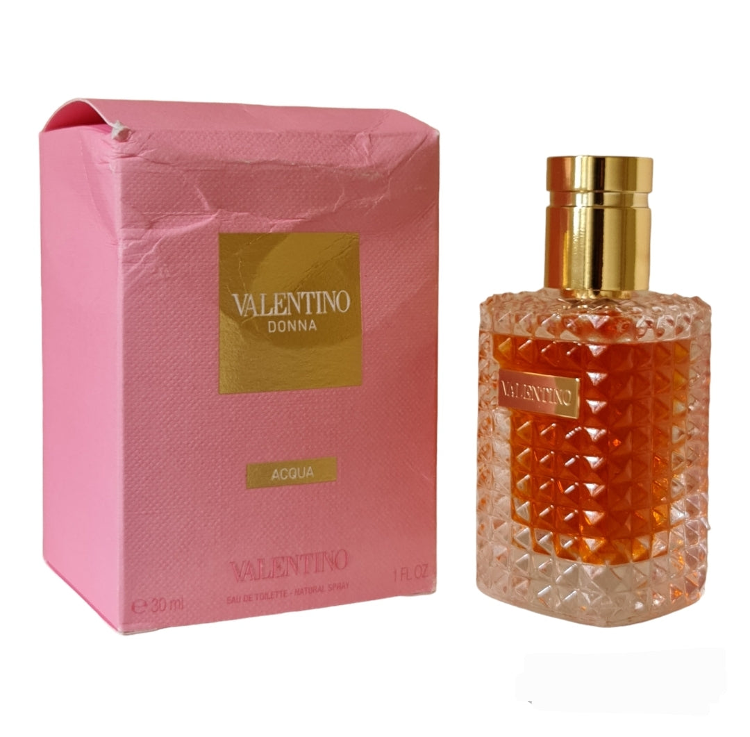 Valentino Donna Acqua Eau Toilette 30ml. Front angled photo showing box and bottle, perfume, fragrance, scent and cologne.