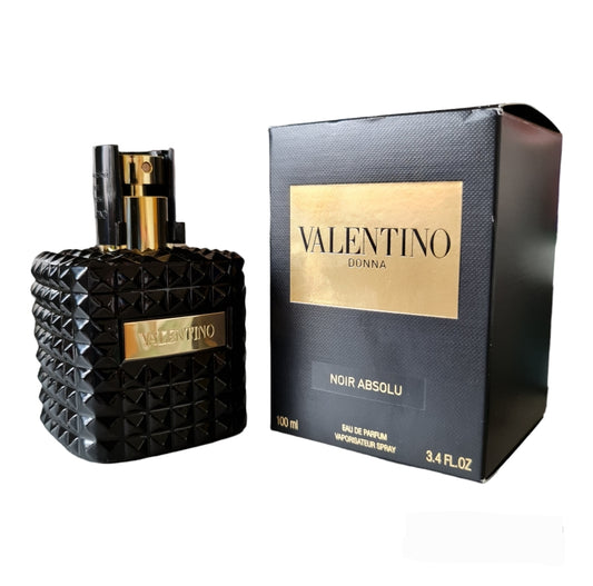 Valentino Donna Noir Absolu Eau De Parfum 100ml. Front angled box and bottle, perfume, cologne, scent and perfume.