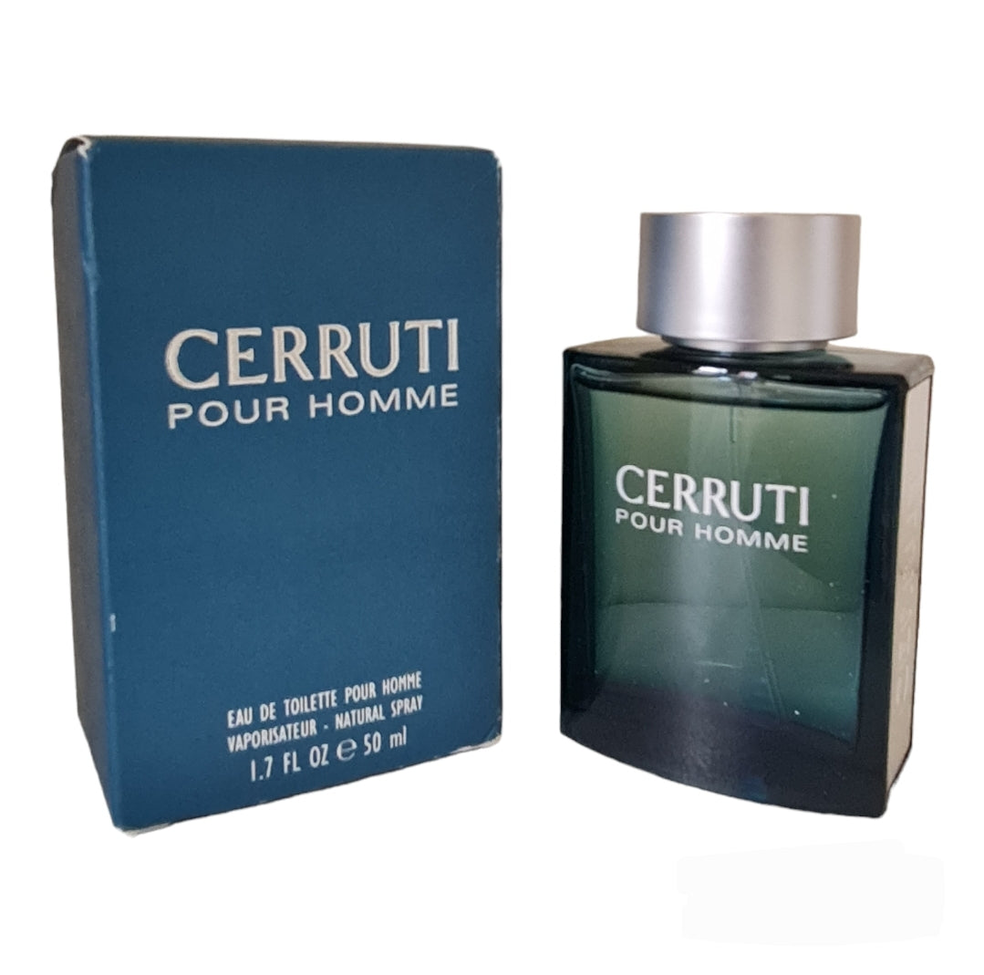 Cerruti Pour Homme Eau de Toilette 40ml. Box and bottle photo at a angle, perfume, scent, cologne and fragrance.