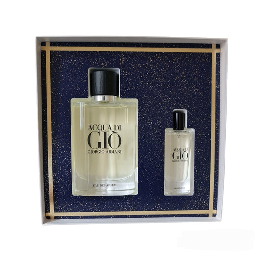 Giorgio Armani Aqua Di Gio Eau De Parfum 125ml + 15ml Bottle Gift Set. Front photo of internal box, fragrance, perfume, scent and cologne.