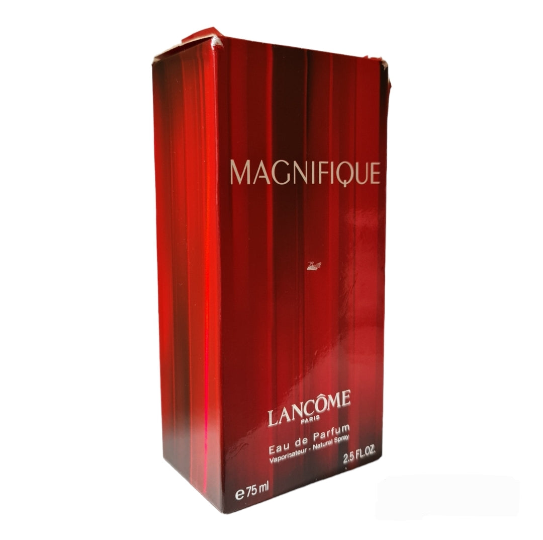 Lancome Magnifique 75ml Eau de Parfum.  Front angled photo of box, perfume, scent, cologne and fragrance.