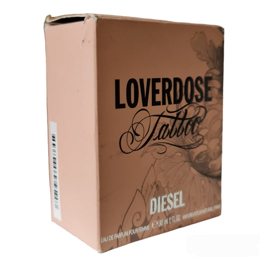 Diesel Loverdose Tattoo Eau De Parfum 30ml. Photo of box at a angle, perfume, cologne, scent and fragrance.