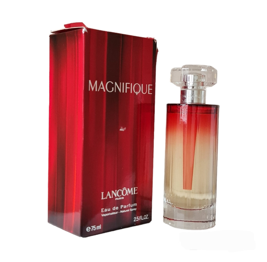 Lancome Magnifique 75ml Eau de Parfum.  Front photo of box and bottle, perfume, fragrance, cologne and scent.