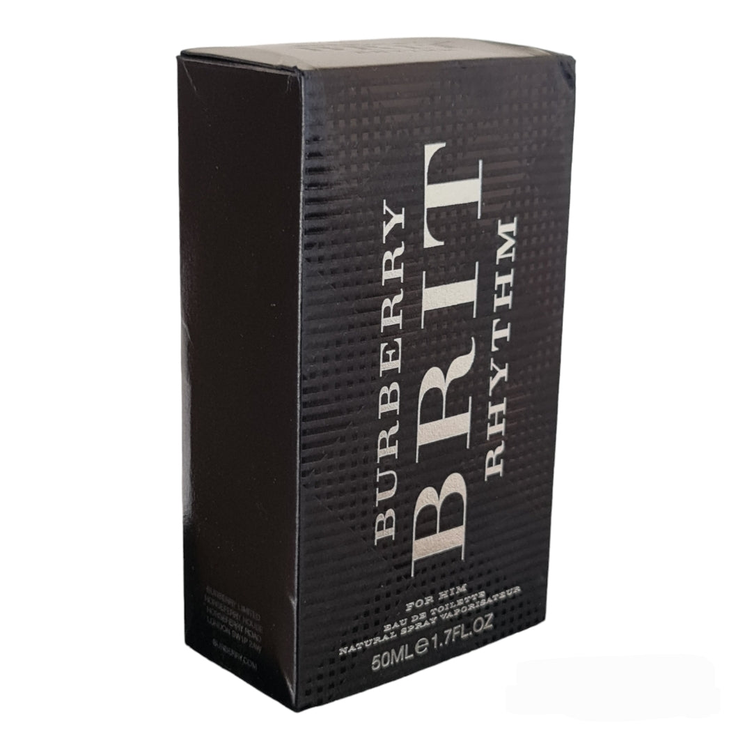 Burberry Brit Rhythm Eau de Toilette 50ml.  Front angled photo of box, scent, cologne, perfume and fragrance.