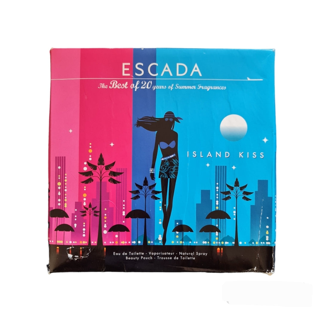 Escada Island Kiss Eau De Toilette 30ml Spray & Beauty Pouch. Front photo of box, perfume, scent, fragrance and cologne.