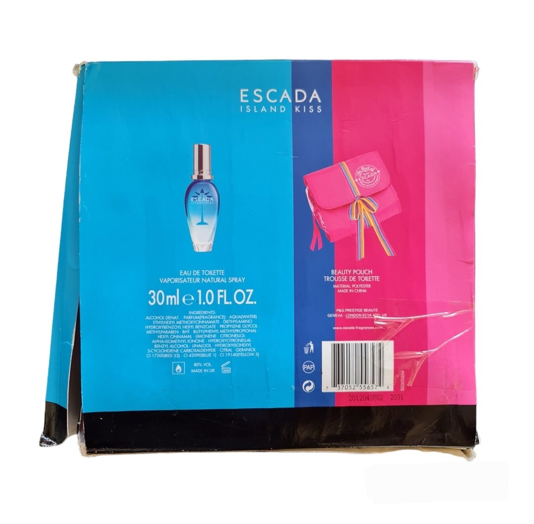 Escada Island Kiss Eau De Toilette 30ml Spray & Beauty Pouch. Rear photo of box, perfume, scent, fragrance and cologne.