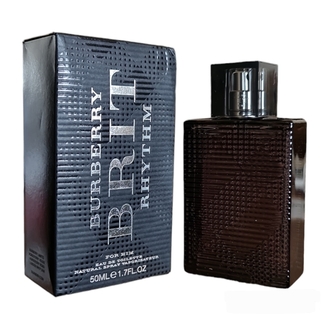 Burberry Brit Rhythm Eau de Toilette 50ml.  Front angled photo of box and bottle scent, cologne, perfume and fragrance.