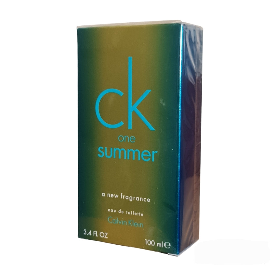 CK One Summer 2014 Calvin Klein 100ml. Photo of box at a angle, perfume, cologne, scent and fragrance.