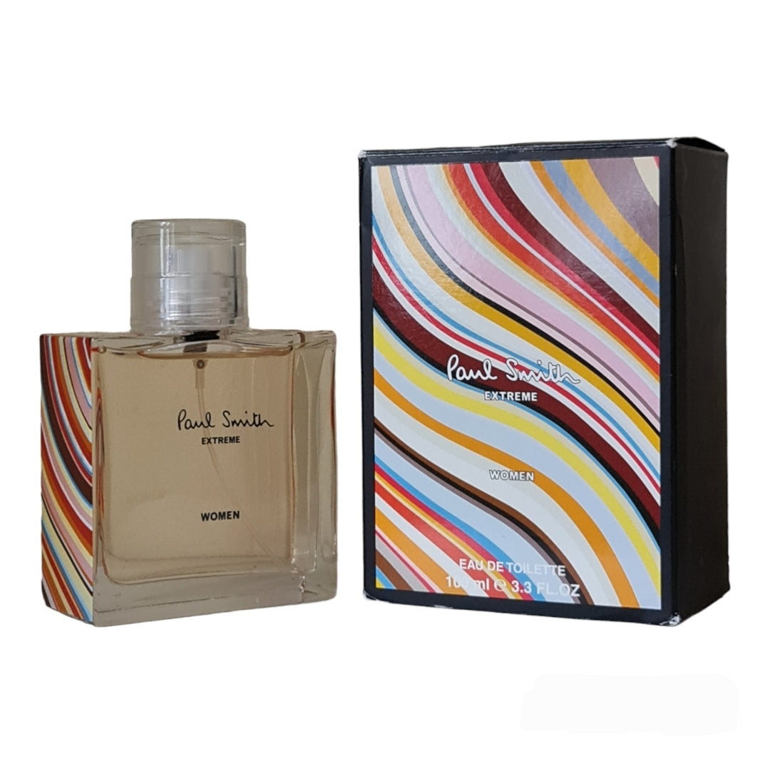 Paul Smith Extreme Women Eau de Toilette 100ml. Angled photo of box and bottle, perfume, fragrance, scent and cologne.